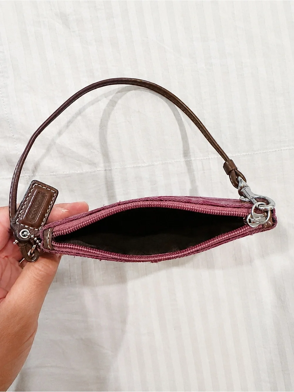Coach Signature C Magenta Wristlet with Brown Leather Strap